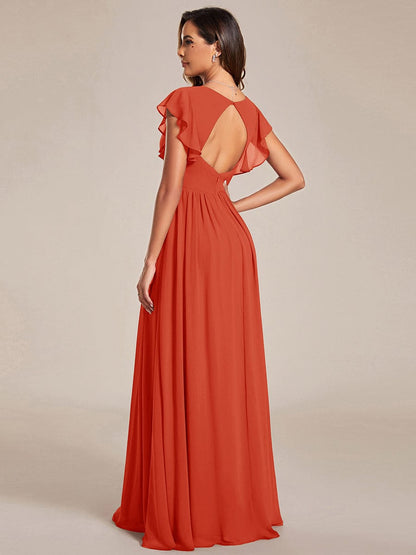 ever LILYANA|Back Cutout A-Line Pleated Ruffles Sleeve Chiffon Bridesmaid Dress