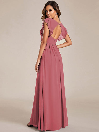 ever LILYANA|Back Cutout A-Line Pleated Ruffles Sleeve Chiffon Bridesmaid Dress