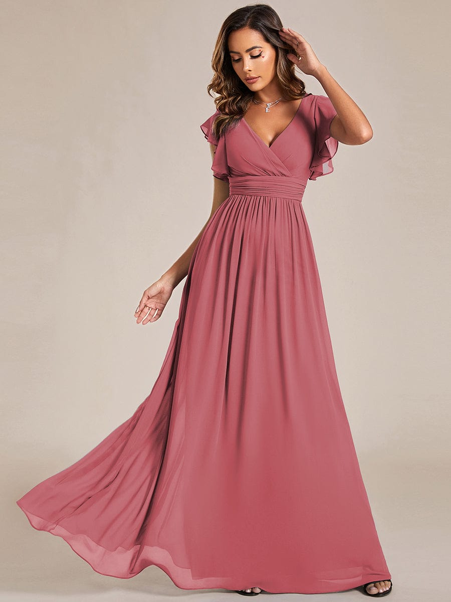 ever LILYANA|Back Cutout A-Line Pleated Ruffles Sleeve Chiffon Bridesmaid Dress