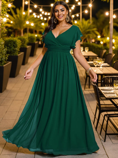 ever LILYANA|Ruffles Sleeve Back Cutout A-Line Maxi Chiffon Wedding Guest Dress