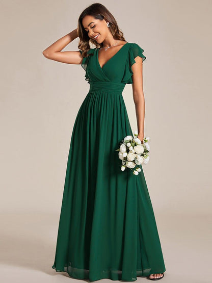 ever LILYANA|Back Cutout A-Line Pleated Ruffles Sleeve Chiffon Bridesmaid Dress