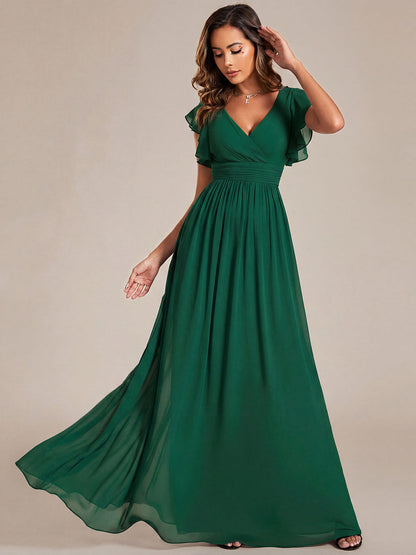 ever LILYANA|Back Cutout A-Line Pleated Ruffles Sleeve Chiffon Bridesmaid Dress