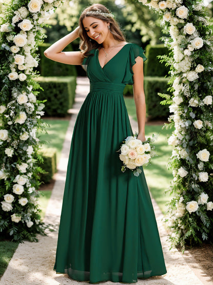 ever LILYANA|Ruffles Sleeve Back Cutout A-Line Maxi Chiffon Wedding Guest Dress