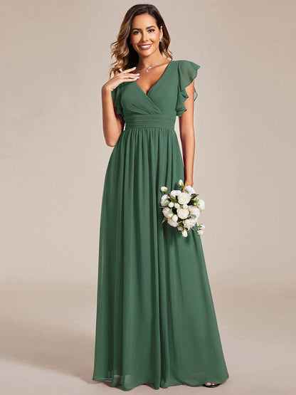 ever LILYANA|Back Cutout A-Line Pleated Ruffles Sleeve Chiffon Bridesmaid Dress
