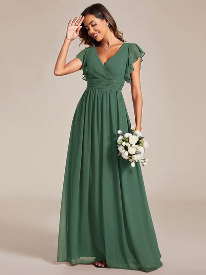 ever LILYANA|Back Cutout A-Line Pleated Ruffles Sleeve Chiffon Bridesmaid Dress