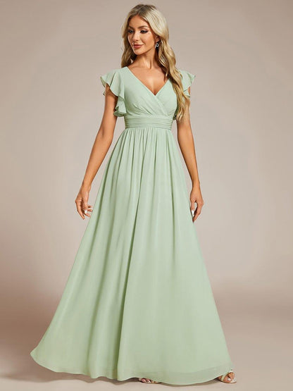 ever LILYANA|Back Cutout A-Line Pleated Ruffles Sleeve Chiffon Bridesmaid Dress