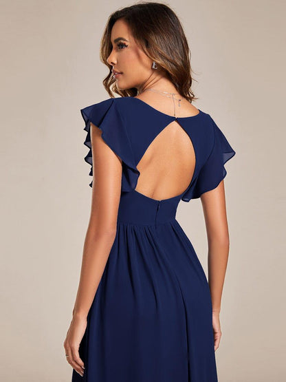 ever LILYANA|Back Cutout A-Line Pleated Ruffles Sleeve Chiffon Bridesmaid Dress