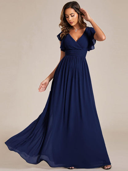 ever LILYANA|Back Cutout A-Line Pleated Ruffles Sleeve Chiffon Bridesmaid Dress