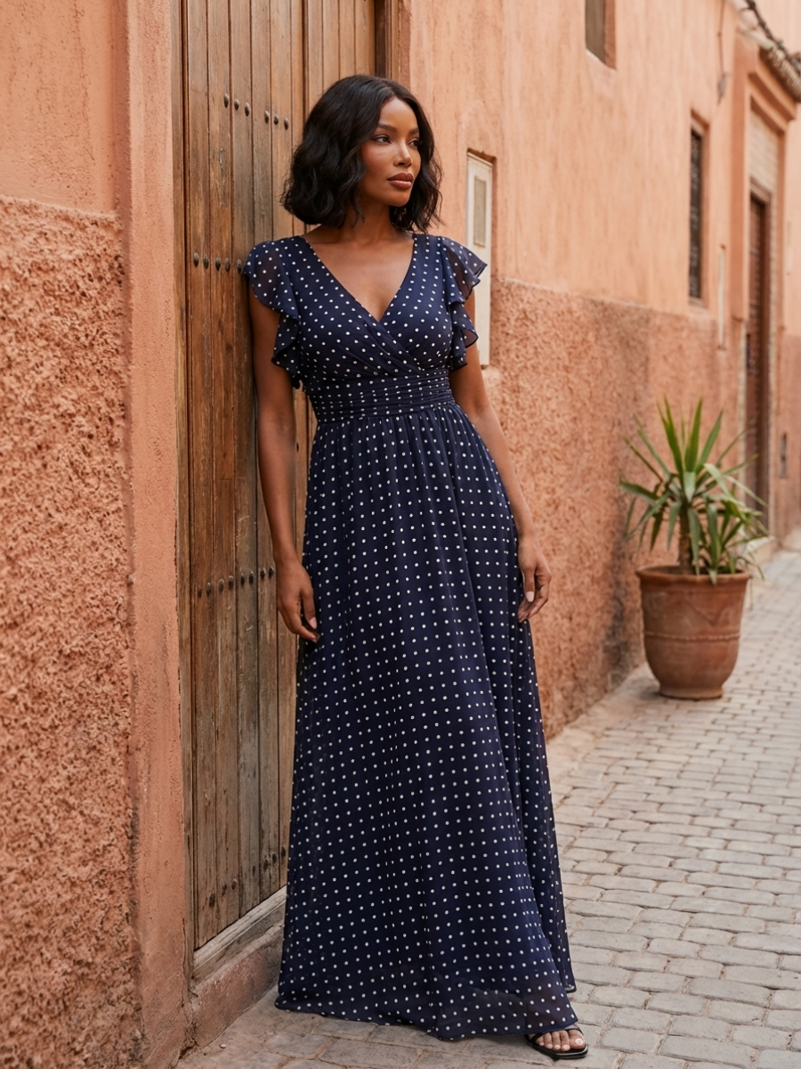 ever LILYANA|Ruffles Sleeve Back Cutout A-Line Maxi Chiffon Bridesmaid Dress