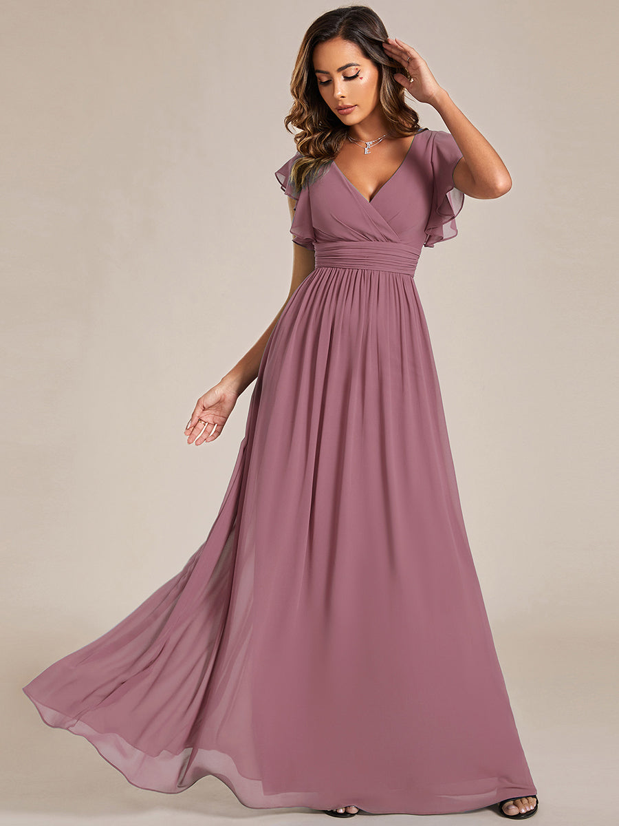 ever LILYANA|Back Cutout A-Line Pleated Ruffles Sleeve Chiffon Bridesmaid Dress