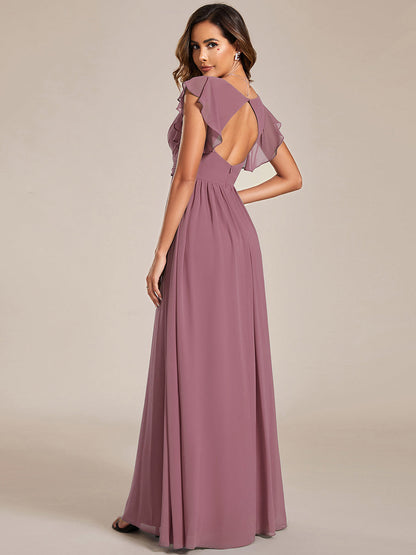 ever LILYANA|Back Cutout A-Line Pleated Ruffles Sleeve Chiffon Bridesmaid Dress