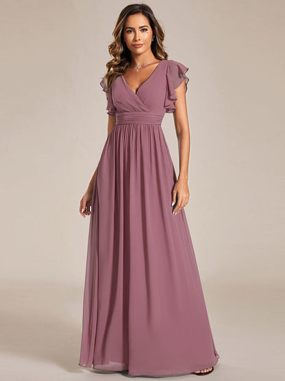 ever LILYANA|Ruffles Sleeve Back Cutout A-Line Maxi Chiffon Wedding Guest Dress