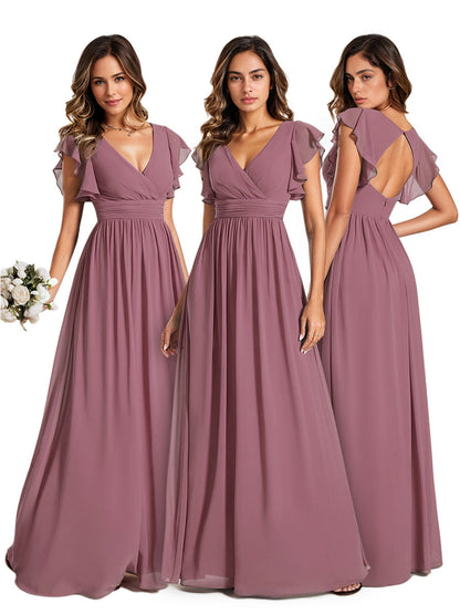 ever LILYANA|Ruffles Sleeve Back Cutout A-Line Maxi Chiffon Wedding Guest Dress