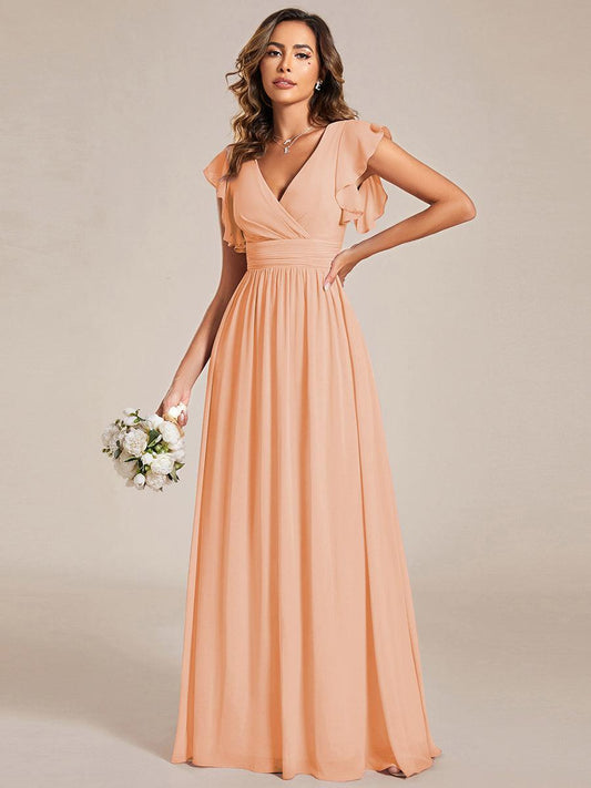ever LILYANA|Ruffles Sleeve Back Cutout A-Line Maxi Chiffon Bridesmaid Dress