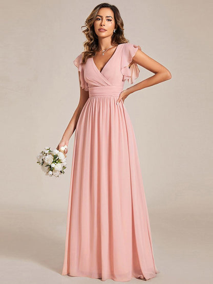 ever LILYANA|Back Cutout A-Line Pleated Ruffles Sleeve Chiffon Bridesmaid Dress