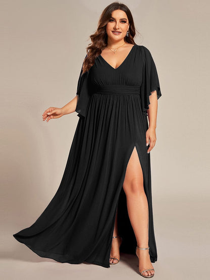 pretty ELYAN|Plus Size Printed Half Sleeve Pleated A-Line Chiffon Wedding Guest Dress