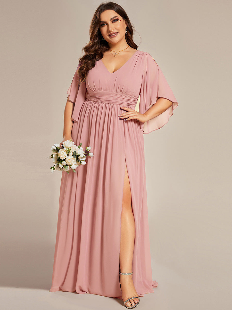 pretty ELYAN|Plus Size Half Sleeve Pleated A-Line V-Neck Chiffon Bridesmaid Dress