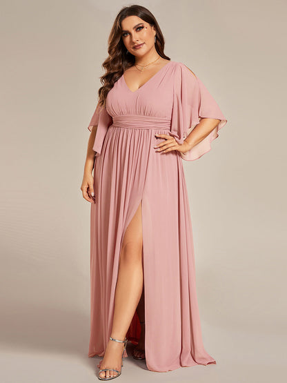 pretty ELYAN|Plus Size Half Sleeve Pleated A-Line V-Neck Chiffon Bridesmaid Dress
