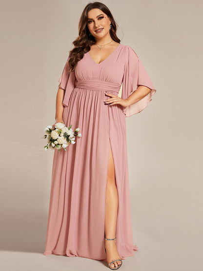 ever ELYAN|Half Sleeve V-Neck Pleated High Slit A-Line Chiffon Bridesmaid Dress