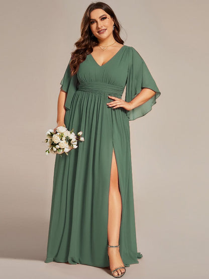 pretty ELYAN|Plus Size Printed Half Sleeve Pleated A-Line Chiffon Wedding Guest Dress