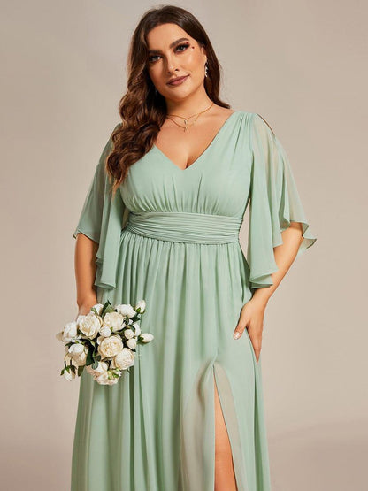 ever ELYAN|Half Sleeve V-Neck Pleated High Slit A-Line Chiffon Bridesmaid Dress