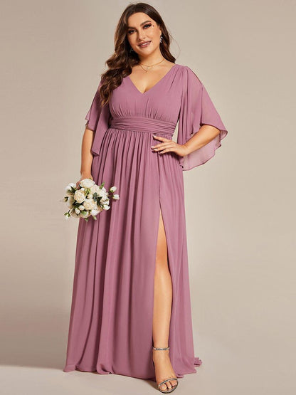 pretty ELYAN|Plus Size Printed Half Sleeve Pleated A-Line Chiffon Wedding Guest Dress