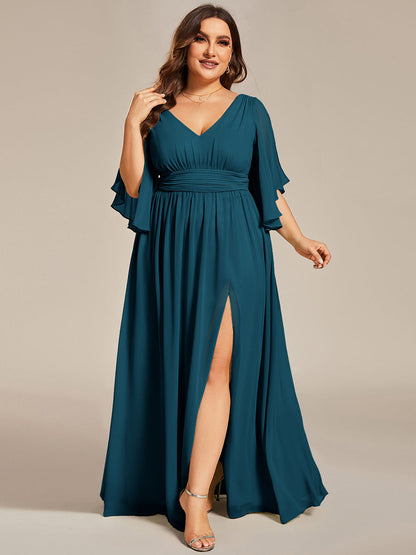 pretty ELYAN|Plus Size Printed Half Sleeve Pleated A-Line Chiffon Wedding Guest Dress