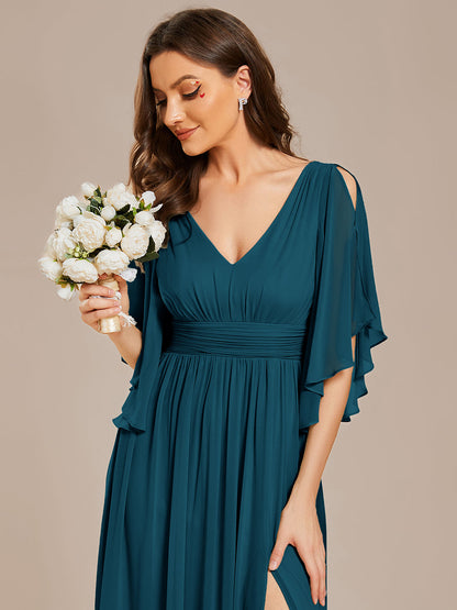 ever ELYAN|Half Sleeve V-Neck Pleated High Slit A-Line Chiffon Bridesmaid Dress