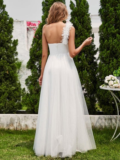 ever CLOE|Sweetheart Neckline One Shoulder with Floral Tulle High Slit Bridesmaid Dress