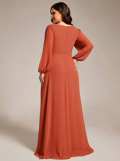 pretty GRIFFIN|Plus Size V-Neck Long Lantern Sleeves A-Line Chiffon Bridesmaid Dress