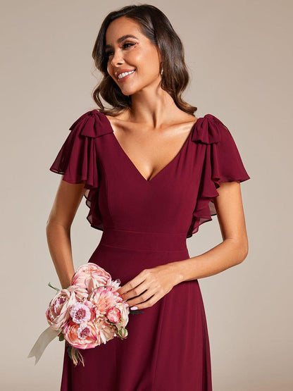 ever ROSY|Short Sleeves with Bowknot High Front Slit A-Line Chiffon Bridesmaid Dress