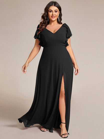 ever ROSY|Short Sleeves with Bowknot High Front Slit A-Line Chiffon Bridesmaid Dress