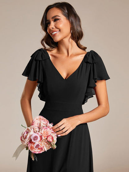 ever ROSY|Short Sleeves with Bowknot High Front Slit A-Line Chiffon Bridesmaid Dress