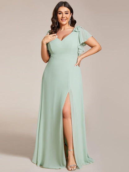 ever ROSY|Short Sleeves with Bowknot High Front Slit A-Line Chiffon Bridesmaid Dress