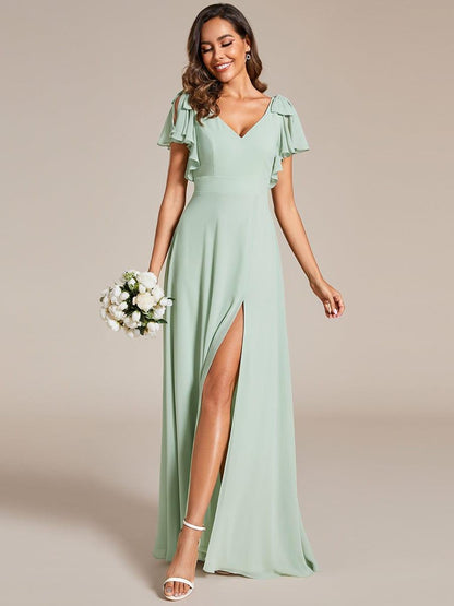 ever ROSY|Short Sleeves with Bowknot High Front Slit A-Line Chiffon Bridesmaid Dress