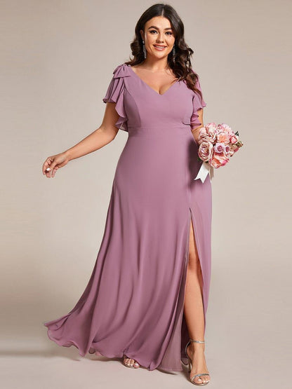 ever ROSY|Short Sleeves with Bowknot High Front Slit A-Line Chiffon Bridesmaid Dress