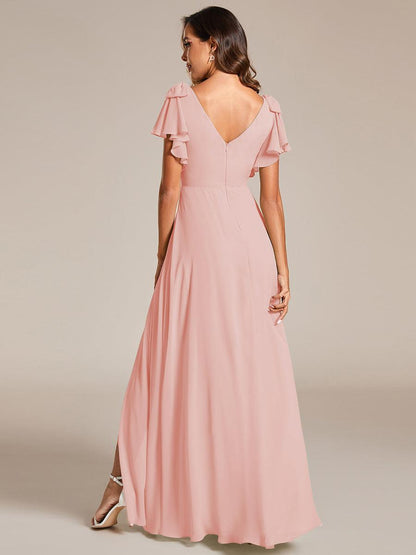 ever ROSY|Short Sleeves with Bowknot High Front Slit A-Line Chiffon Bridesmaid Dress
