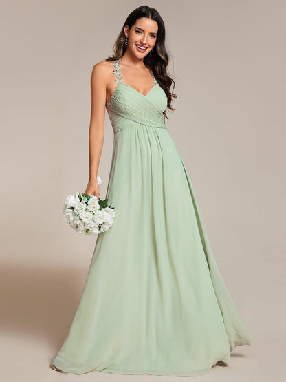 ever WREN|Floral Halter Neck Pleated Backless Bridesmaid Dress in Chiffon