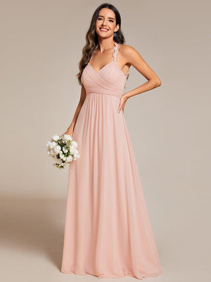 ever WREN|Floral Halter Neck Pleated Backless Bridesmaid Dress in Chiffon