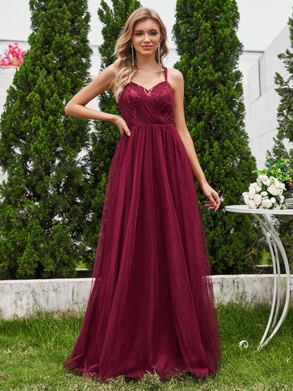 ever LOGAN|Paillette A-Line Tulle Bridesmaid Dress with Cross-Back Straps