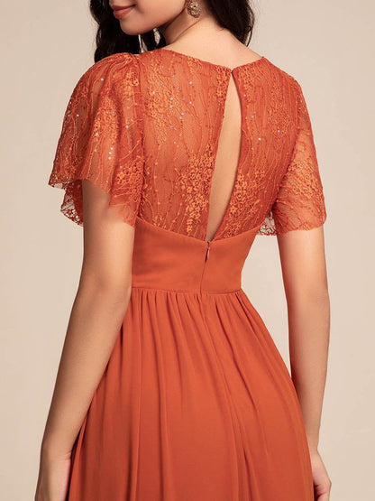 ever ROBYN|Flutter Sleeve Pleated Lace Bodice V-Neck Maxi Bridesmaid Dress