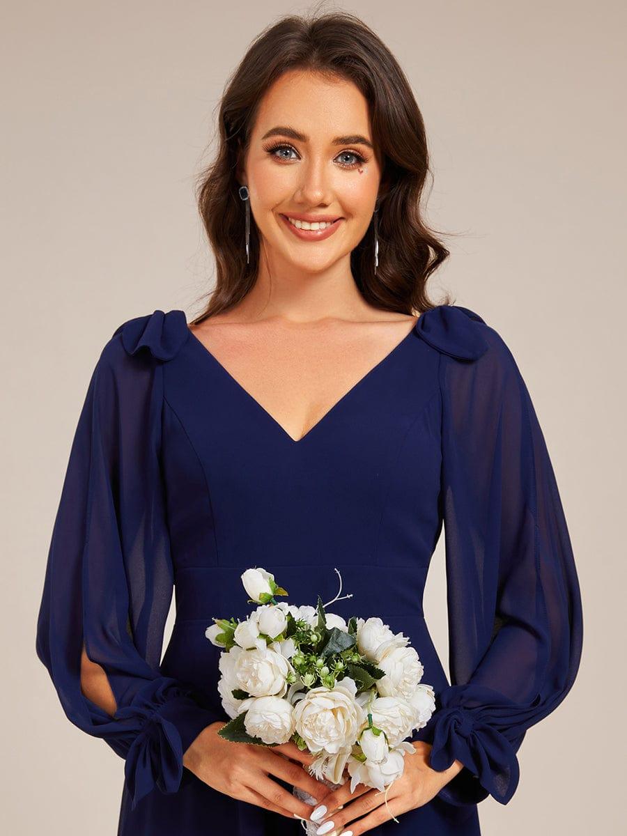 ever MYLAN|Long Sleeve V-Neck Midi Asymmetrical Hem Chiffon Bridesmaid Dress