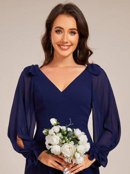 ever MYLAN|Long Sleeve V-Neck Midi Asymmetrical Hem Chiffon Bridesmaid Dress