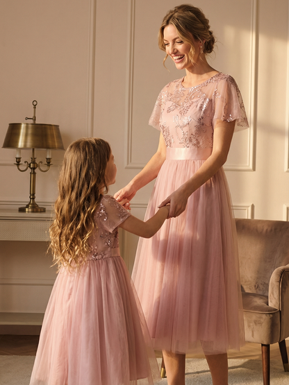 ever MARA|Embellished Tulle Midi Junior Bridesmaid Dress with Sheer Sleeves