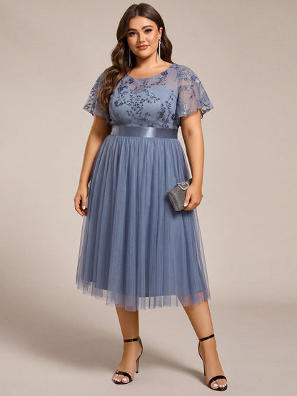 ever MARA|Embellished Tulle Midi Junior Bridesmaid Dress with Sheer Sleeves
