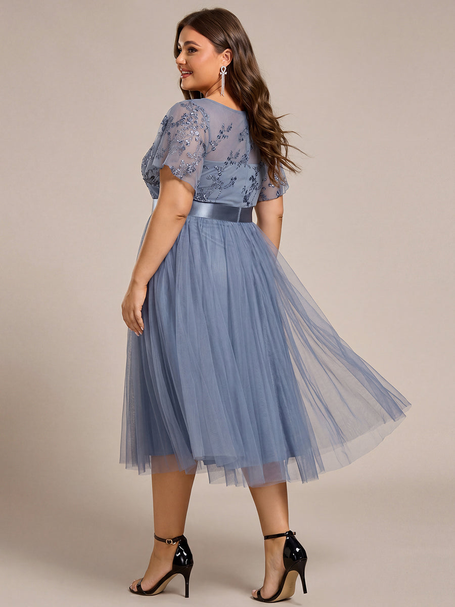 pretty MARA|Plus Size Round Neckline Embellished Tulle Midi Bridesmaid Dress