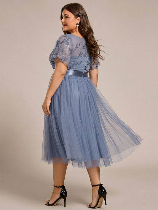 pretty MARA|Plus Size Round Neckline Embellished Tulle Midi Bridesmaid Dress