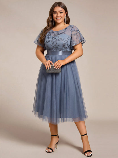pretty MARA|Plus Size Round Neckline Embellished Tulle Midi Bridesmaid Dress
