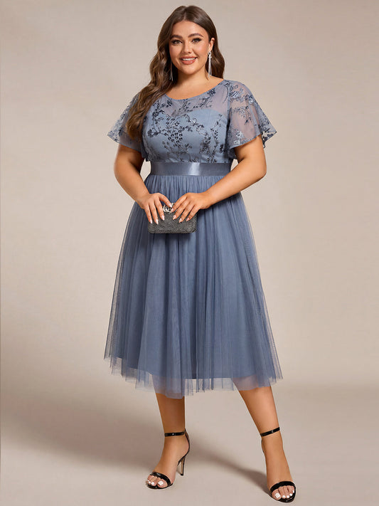 pretty MARA|Plus Size Round Neckline Embellished Tulle Midi Bridesmaid Dress