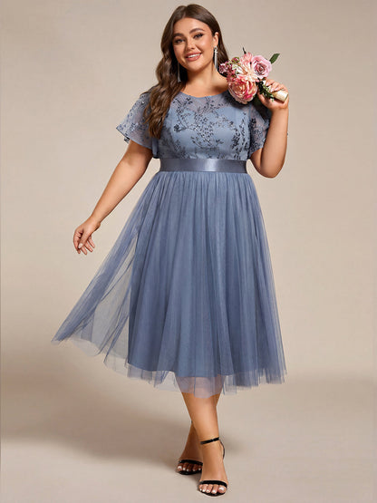 ever MARA|Embellished Tulle Midi Junior Bridesmaid Dress with Sheer Sleeves